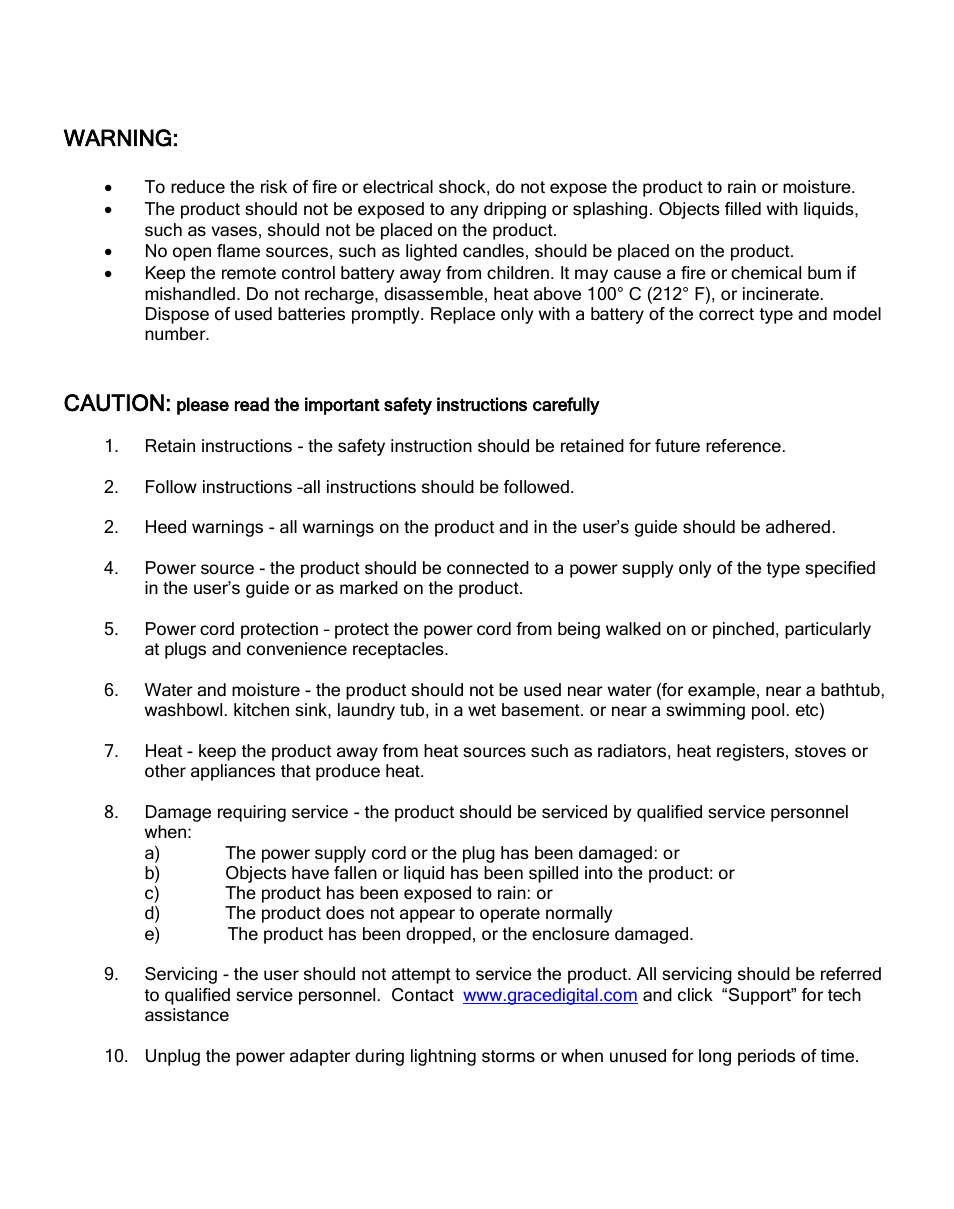 Warning, Caution | Grace Digital GDI-IRA500 Solo User Manual | Page 8 / 47
