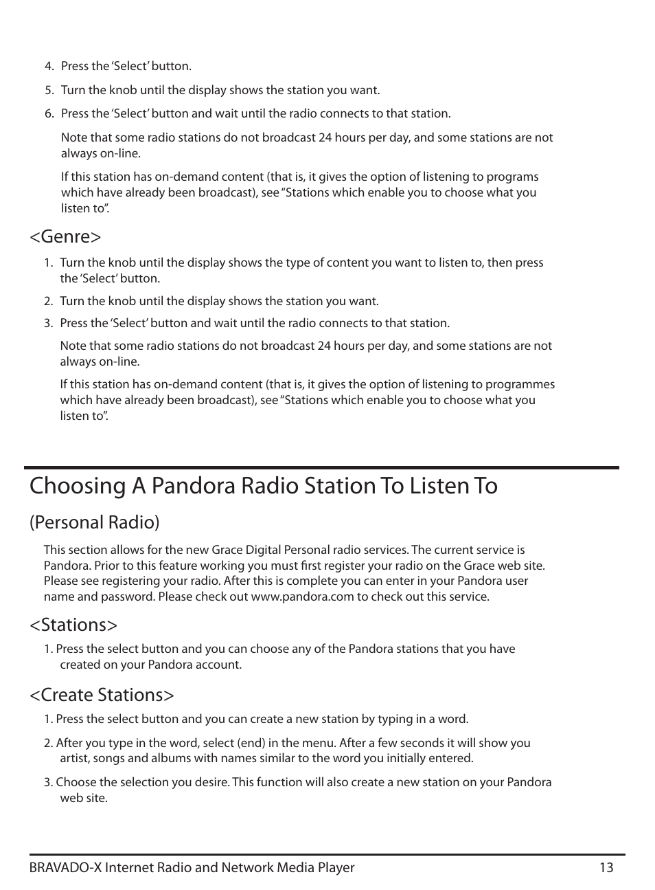 Choosing a pandora radio station to listen to | Grace Digital GDI-IRD4500 Bravado X User Manual | Page 13 / 46