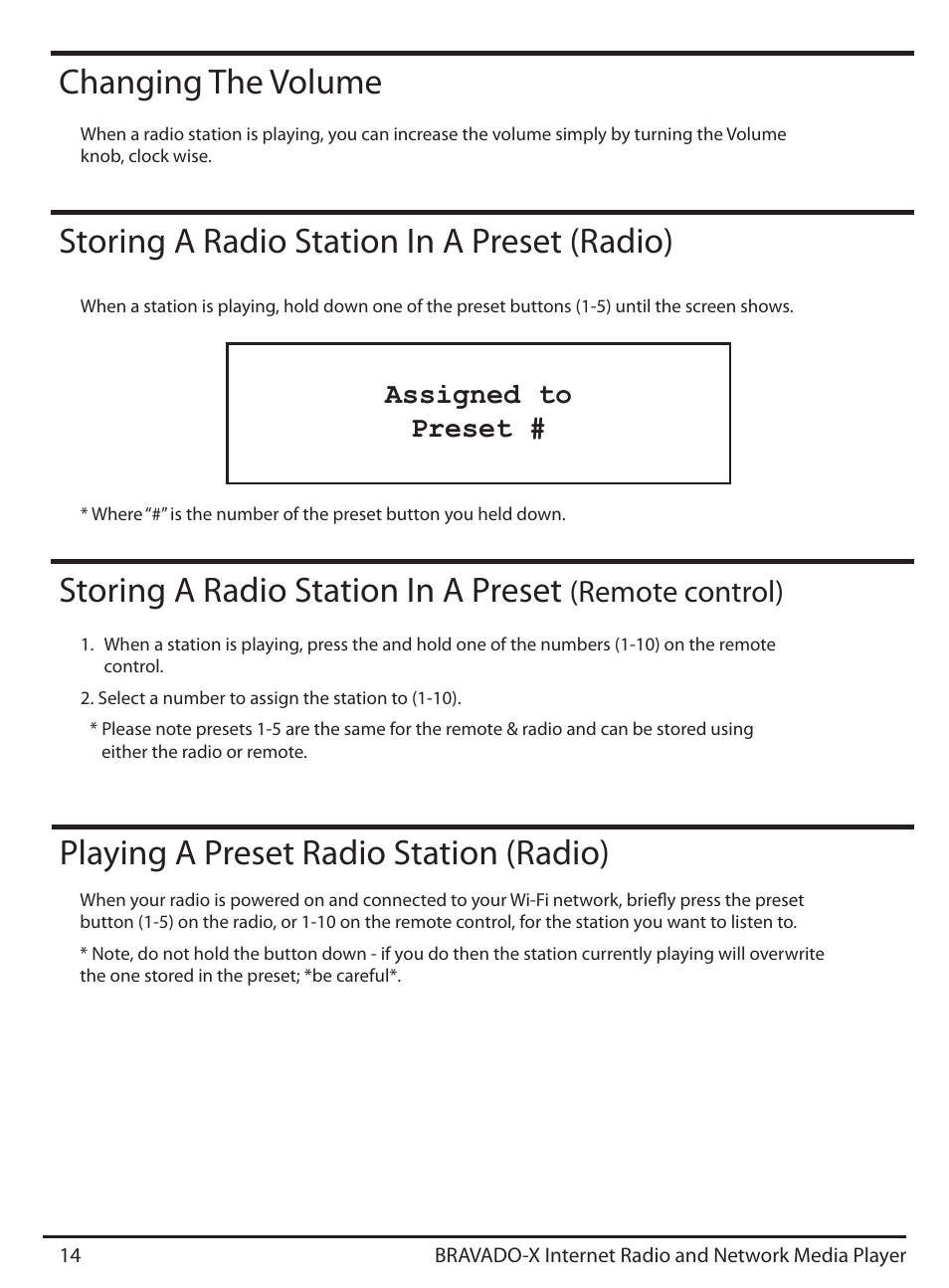 Changing the volume, Playing a preset radio station (radio), Remote control) | Assigned to preset | Grace Digital GDI-IRD4500 Bravado X User Manual | Page 14 / 46
