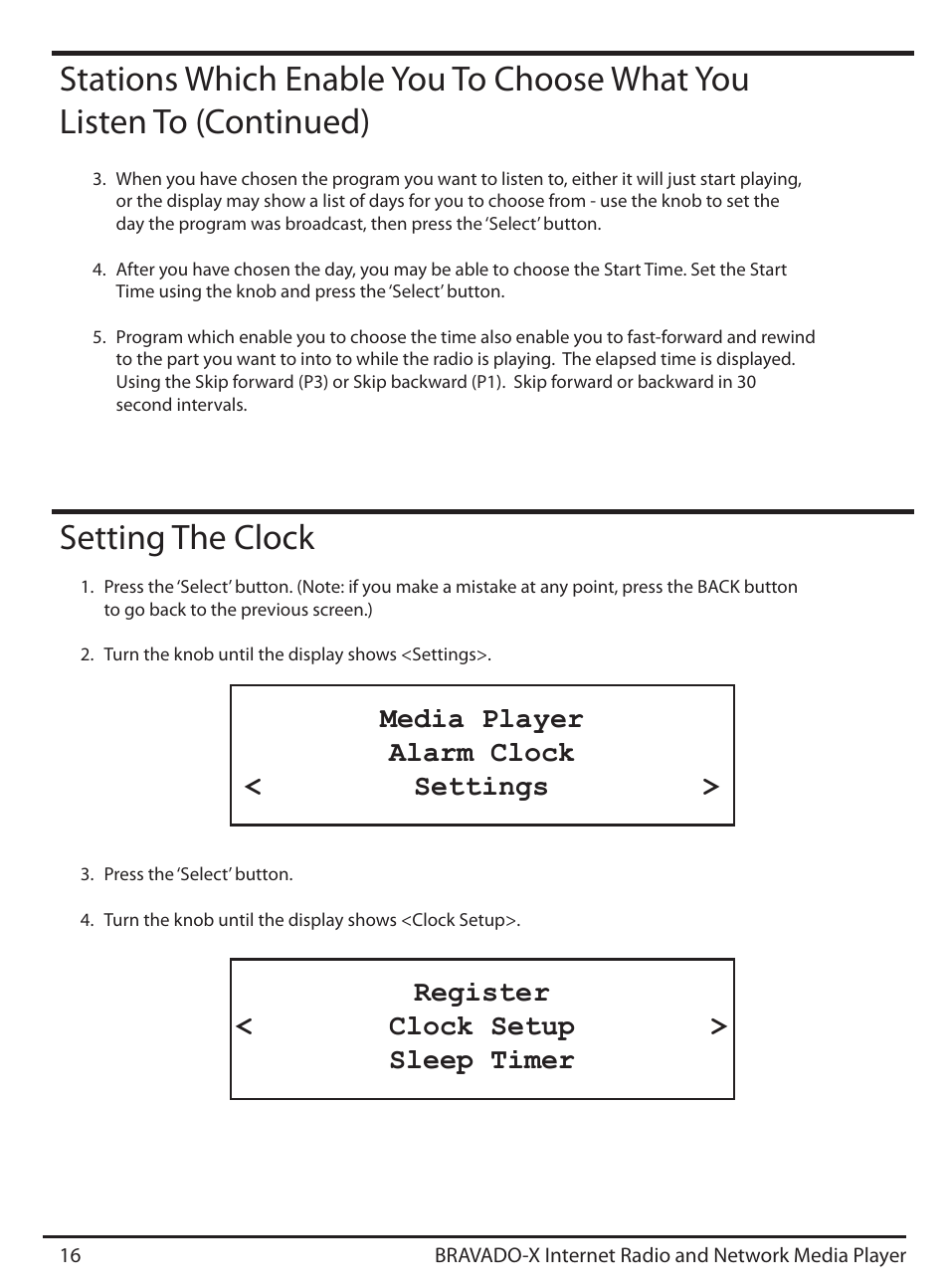 Setting the clock, Media player alarm clock < settings, Register < clock setup > sleep timer | Grace Digital GDI-IRD4500 Bravado X User Manual | Page 16 / 46