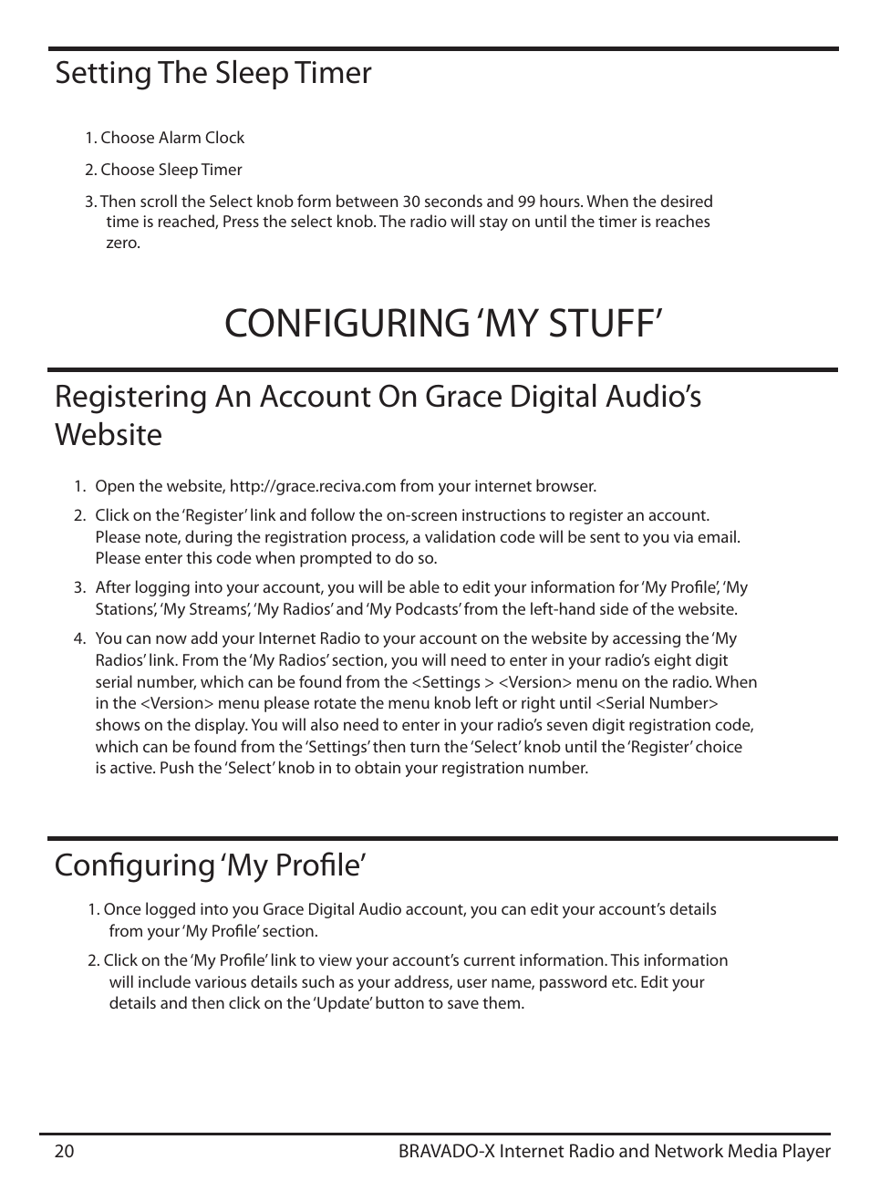 Configuring ‘my stuff, Setting the sleep timer | Grace Digital GDI-IRD4500 Bravado X User Manual | Page 20 / 46