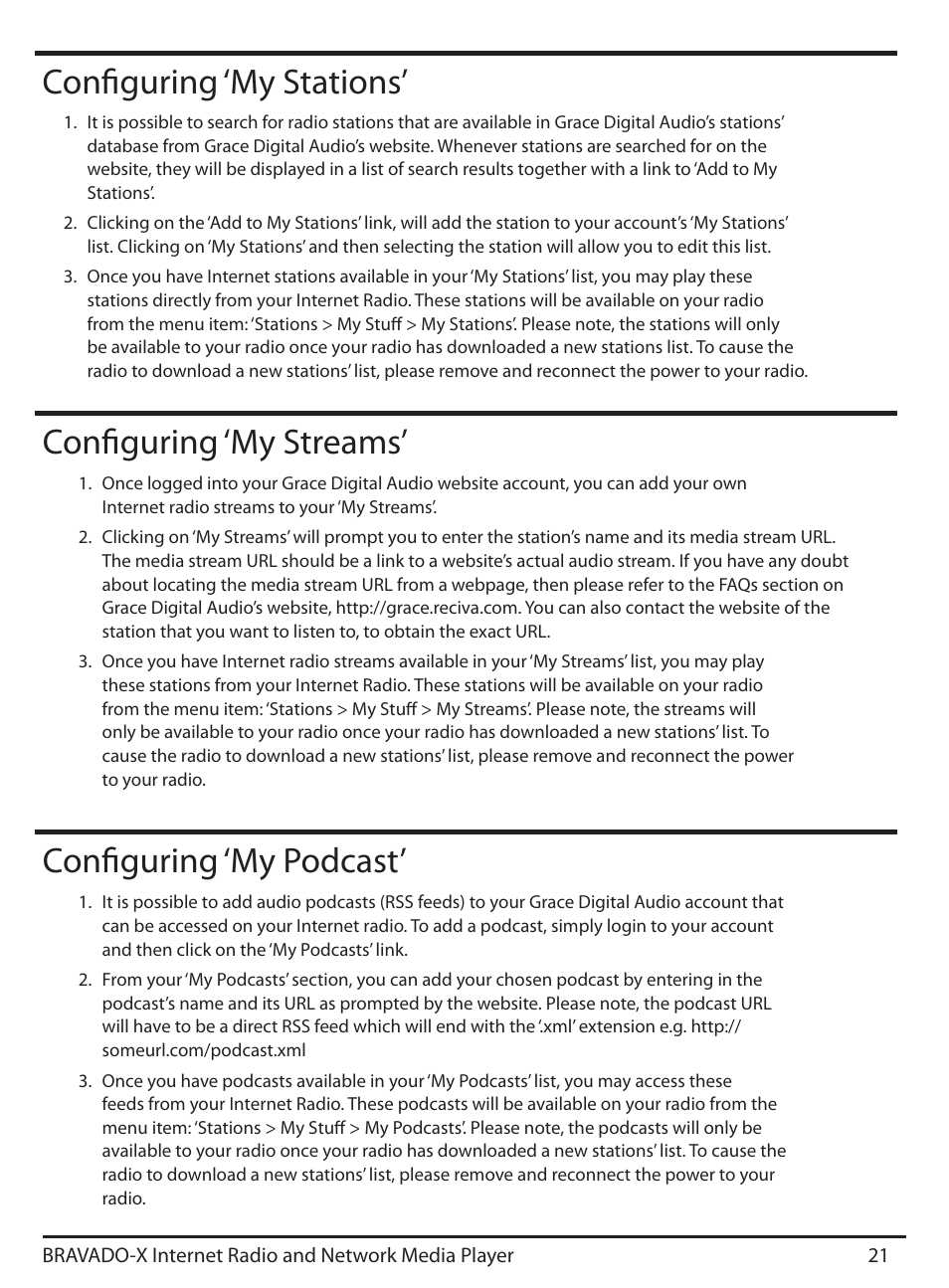 Configuring ‘my streams’ configuring ‘my podcast, Configuring ‘my stations | Grace Digital GDI-IRD4500 Bravado X User Manual | Page 21 / 46