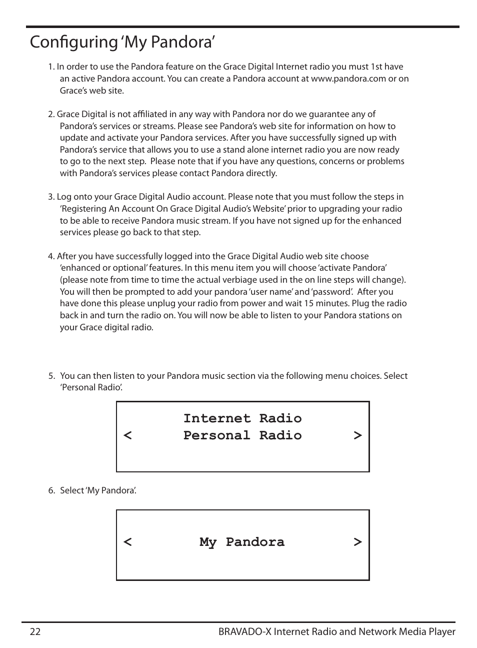 Configuring ‘my pandora, Internet radio < personal radio > < my pandora | Grace Digital GDI-IRD4500 Bravado X User Manual | Page 22 / 46
