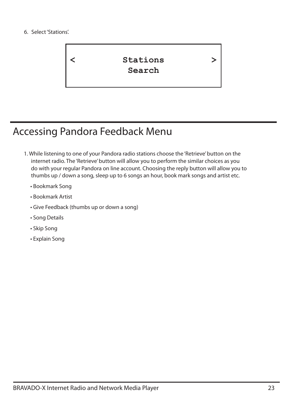 Accessing pandora feedback menu, Stations > search | Grace Digital GDI-IRD4500 Bravado X User Manual | Page 23 / 46