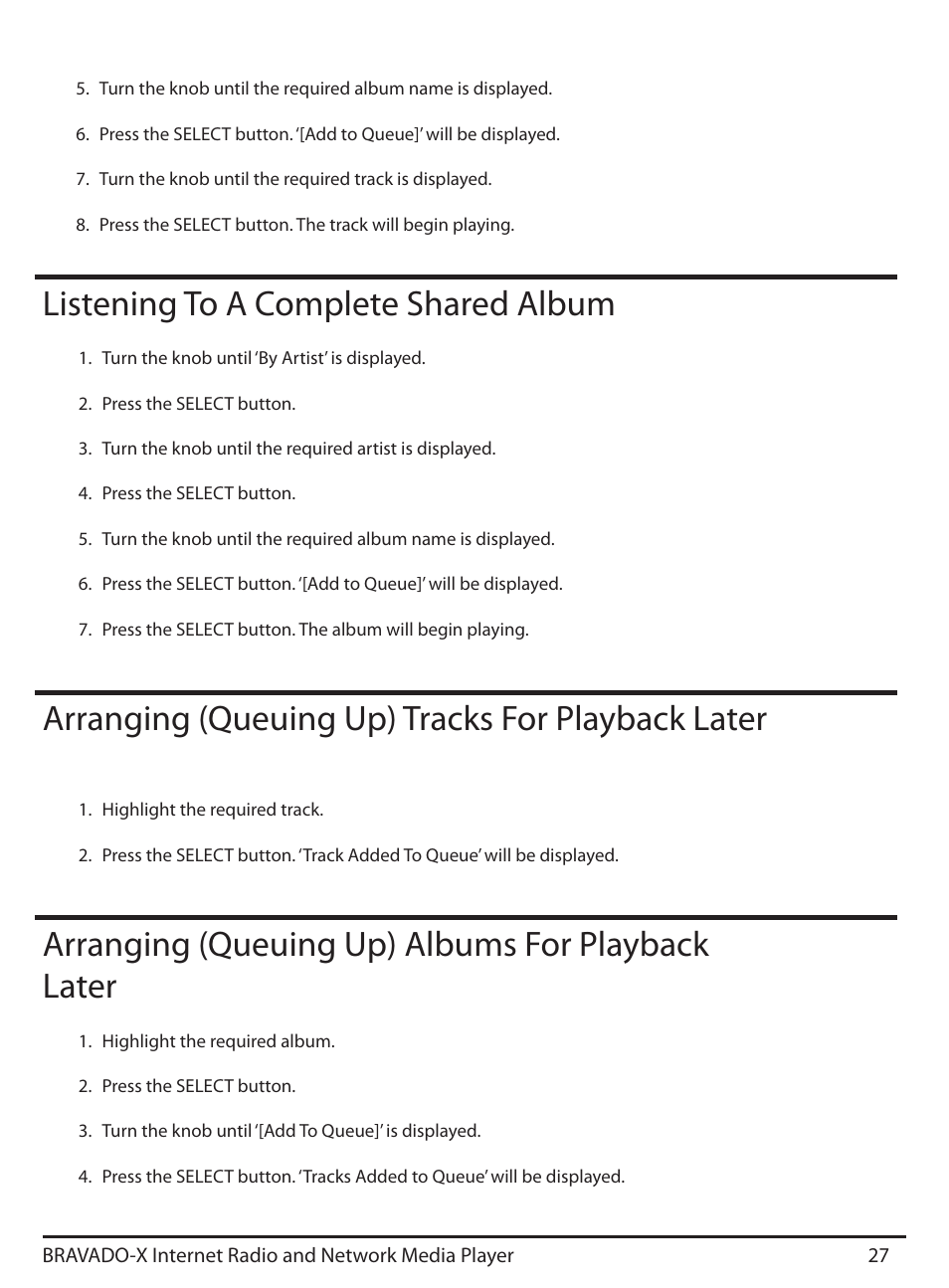 Listening to a complete shared album, Arranging (queuing up) tracks for playback later, Arranging (queuing up) albums for playback later | Grace Digital GDI-IRD4500 Bravado X User Manual | Page 27 / 46