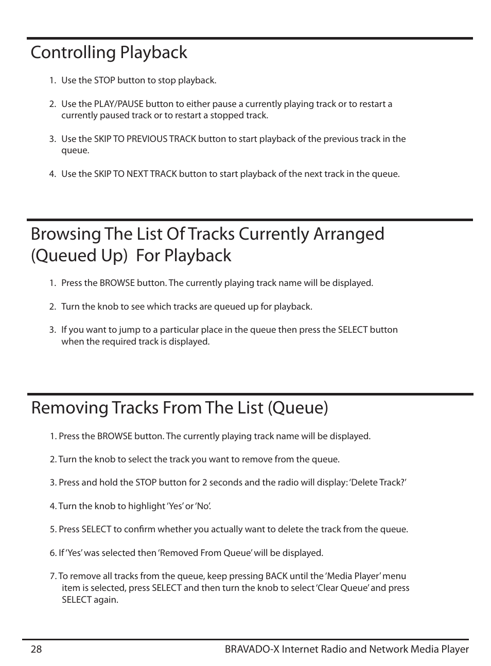 Removing tracks from the list (queue), Controlling playback | Grace Digital GDI-IRD4500 Bravado X User Manual | Page 28 / 46