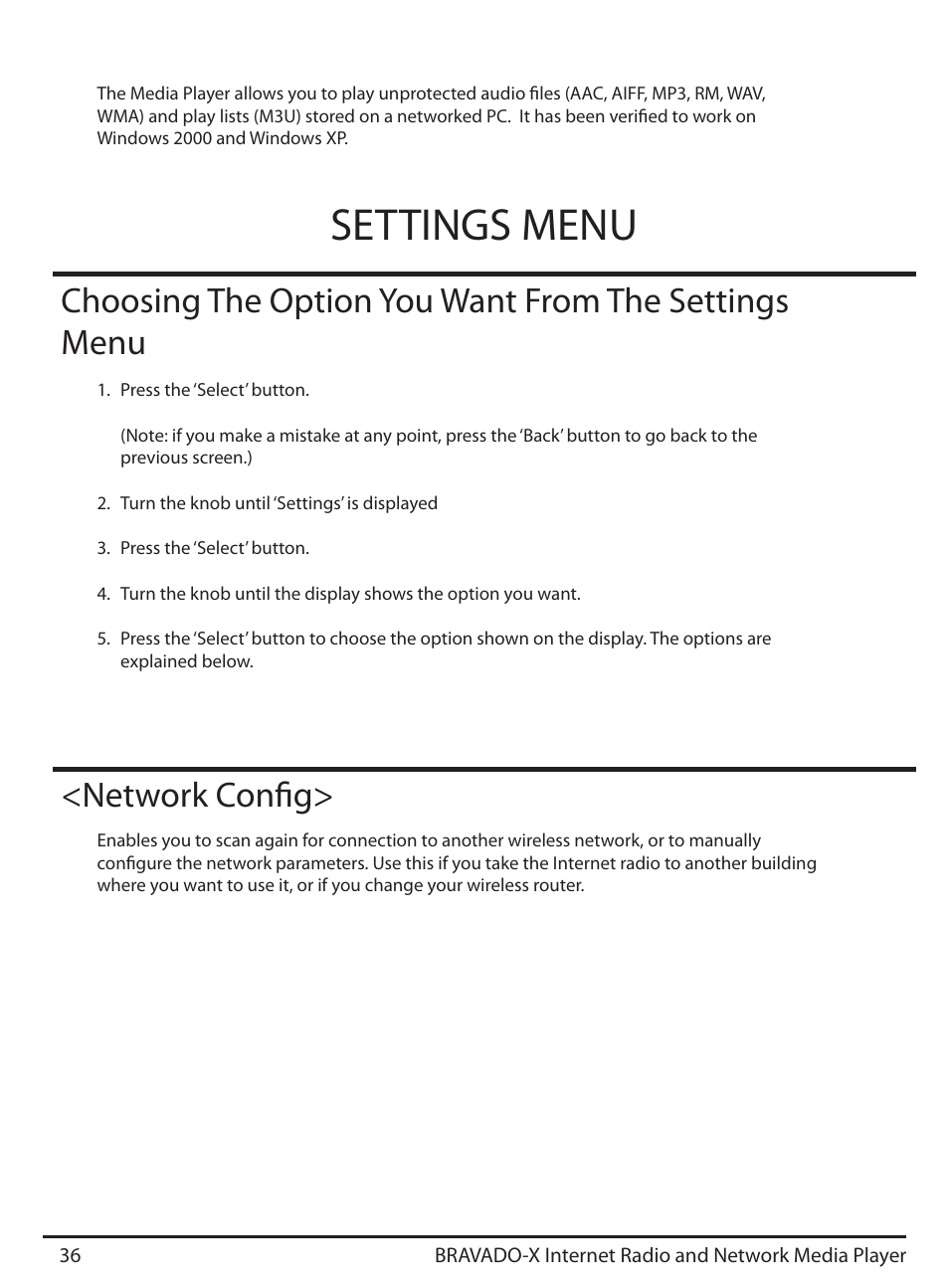 Settings menu, Network config | Grace Digital GDI-IRD4500 Bravado X User Manual | Page 36 / 46