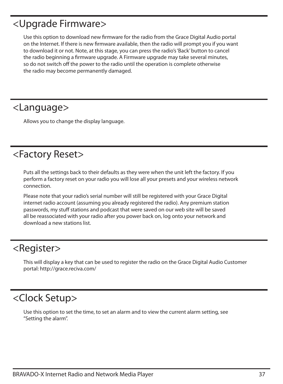 Language, Factory reset, Register | Clock setup, Upgrade firmware | Grace Digital GDI-IRD4500 Bravado X User Manual | Page 37 / 46