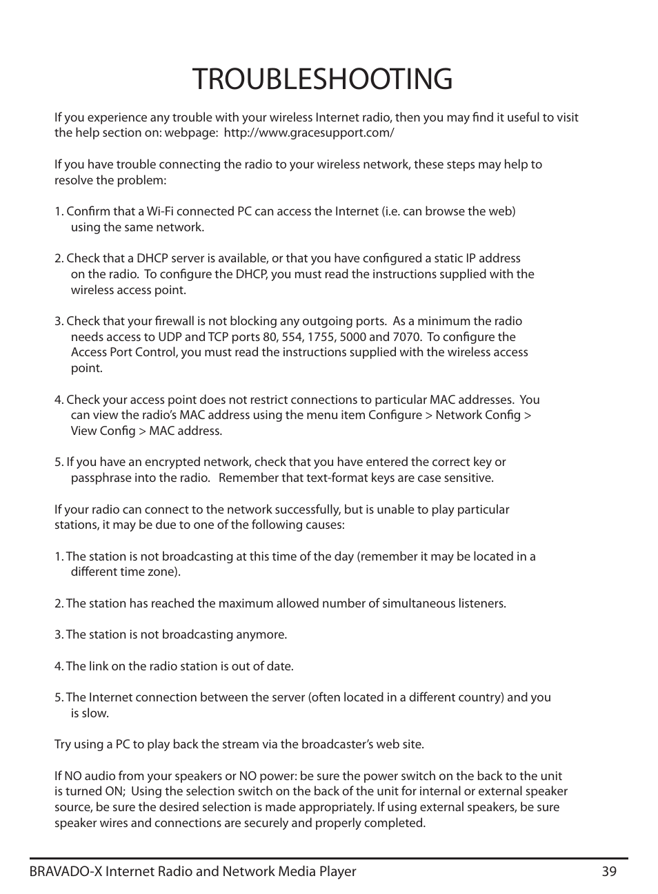 Troubleshooting | Grace Digital GDI-IRD4500 Bravado X User Manual | Page 39 / 46