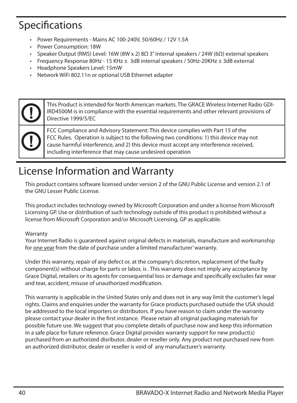 Specifications, License information and warranty | Grace Digital GDI-IRD4500 Bravado X User Manual | Page 40 / 46