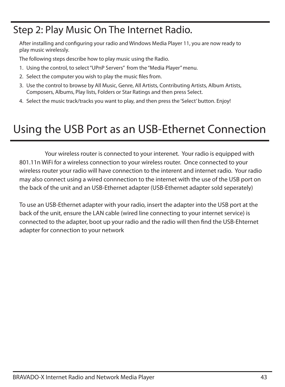 Using the usb port as an usb-ethernet connection, Step 2: play music on the internet radio | Grace Digital GDI-IRD4500 Bravado X User Manual | Page 43 / 46