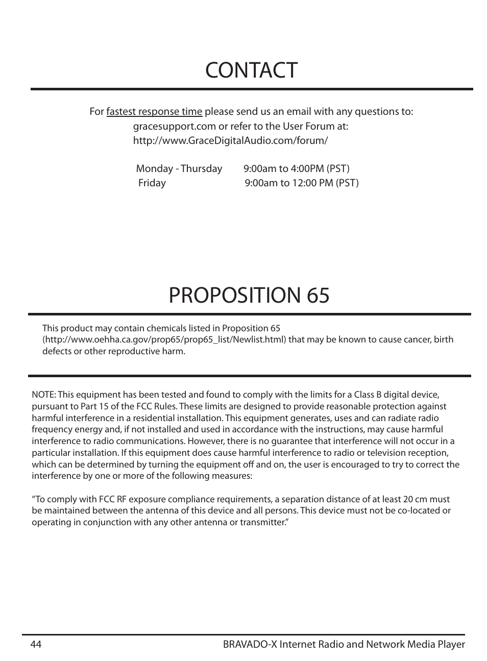 Contact proposition 65 | Grace Digital GDI-IRD4500 Bravado X User Manual | Page 44 / 46