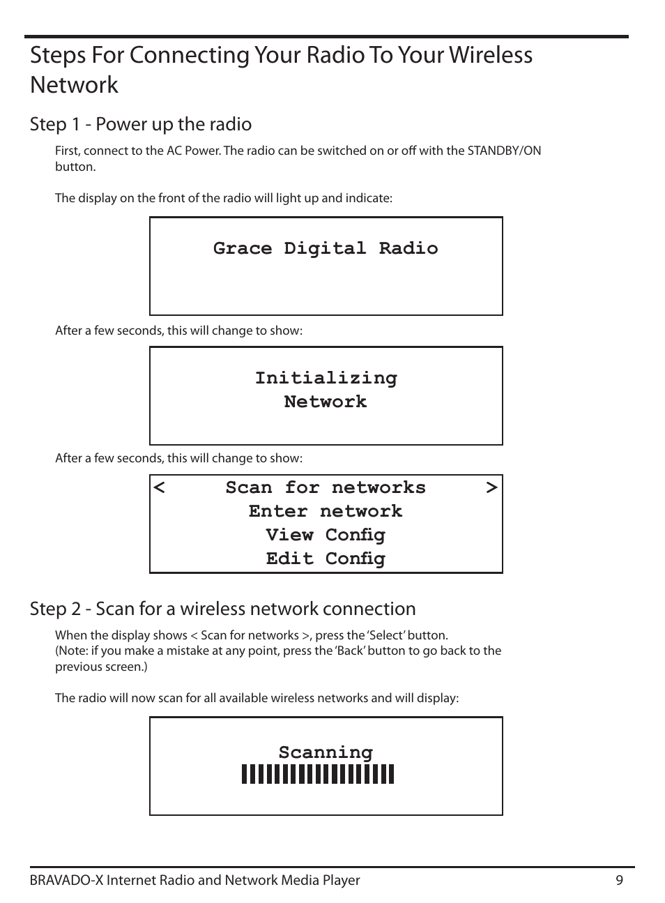 Step 1 - power up the radio grace digital radio, Initializing network | Grace Digital GDI-IRD4500 Bravado X User Manual | Page 9 / 46