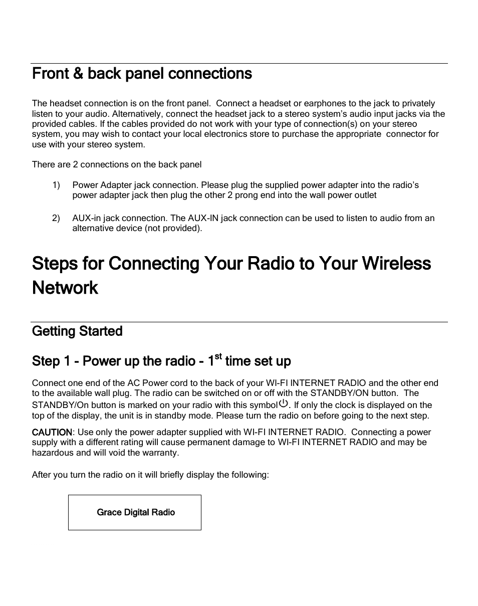 Front & back panel connections, Getting started, Step 1 - power up the radio - 1 | Time set up | Grace Digital GDI-IR2600 Innovator X User Manual | Page 13 / 52