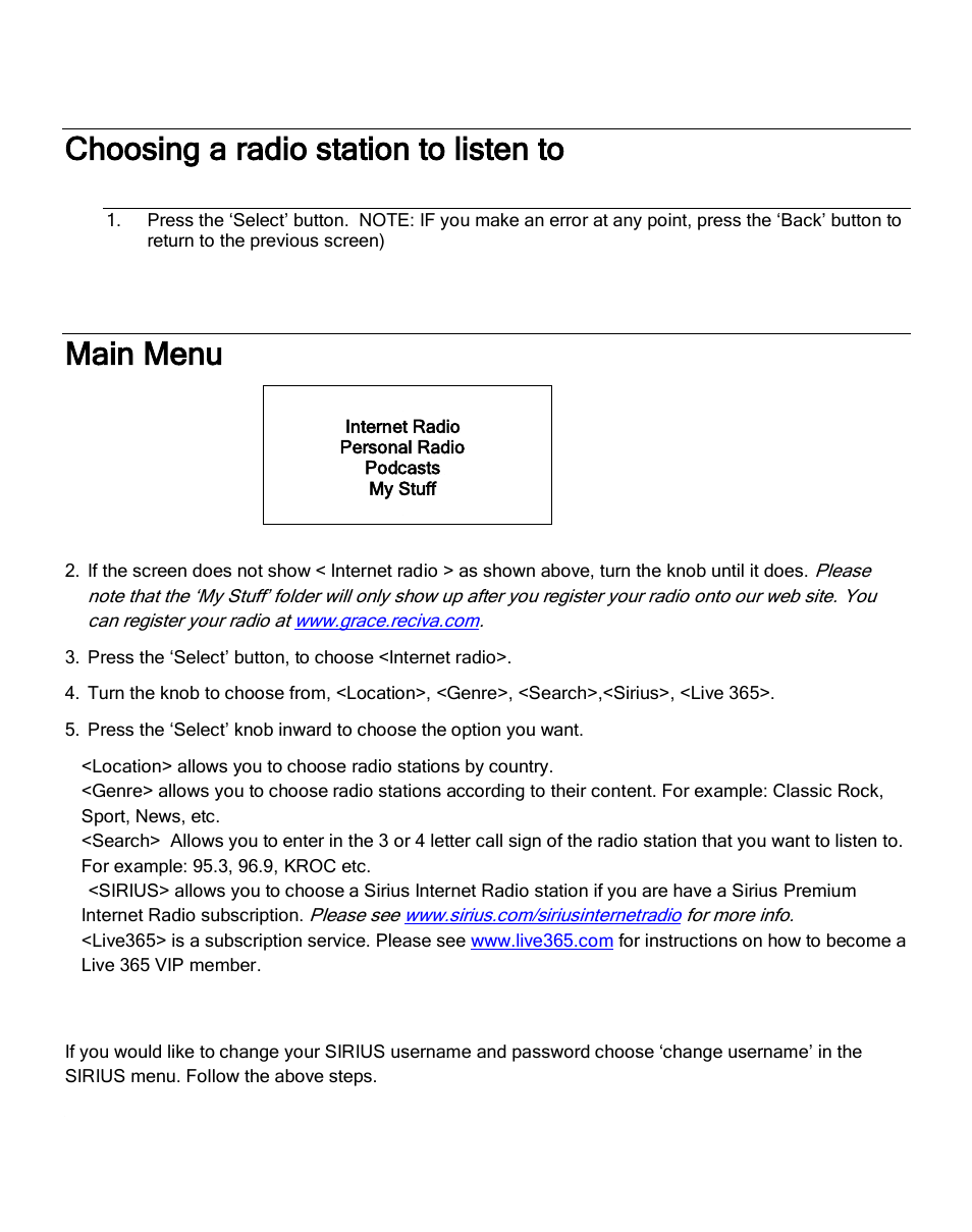 Choosing a radio station to listen to, Main menu | Grace Digital GDI-IR2600 Innovator X User Manual | Page 17 / 52