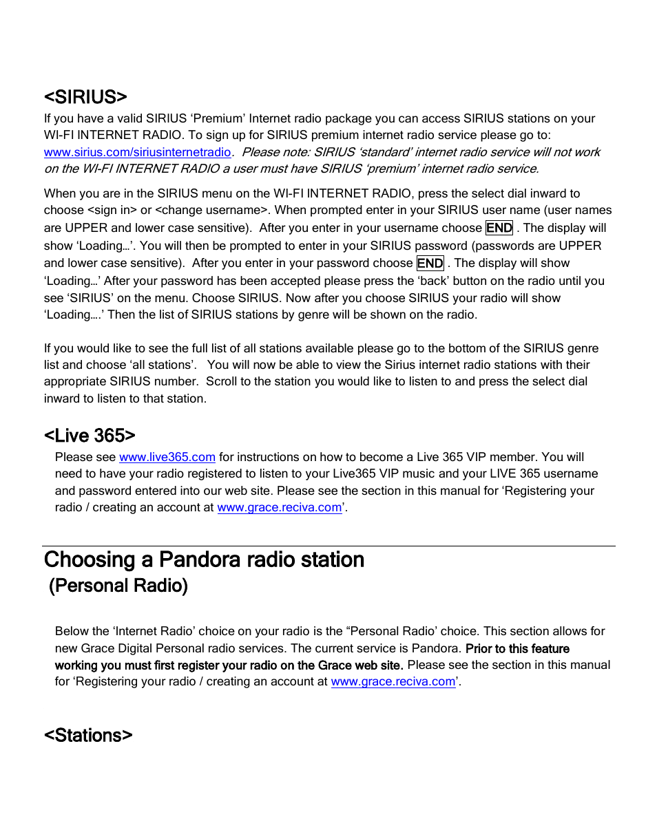 Choosing a pandora radio station, Sirius, Live 365 | Personal radio), Stations | Grace Digital GDI-IR2600 Innovator X User Manual | Page 19 / 52