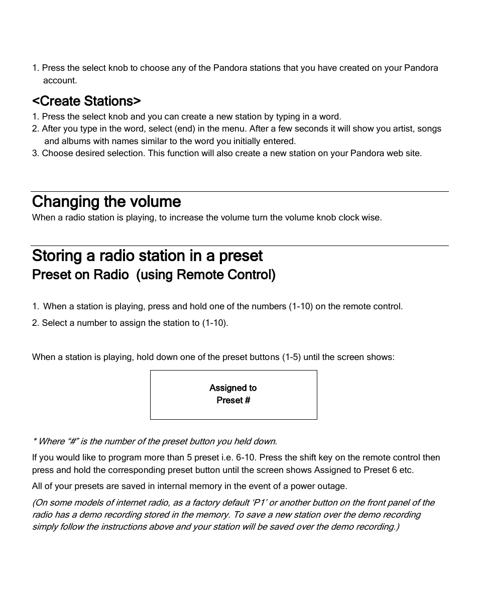Changing the volume, Storing a radio station in a preset, Create stations | Preset on radio (using remote control) | Grace Digital GDI-IR2600 Innovator X User Manual | Page 20 / 52