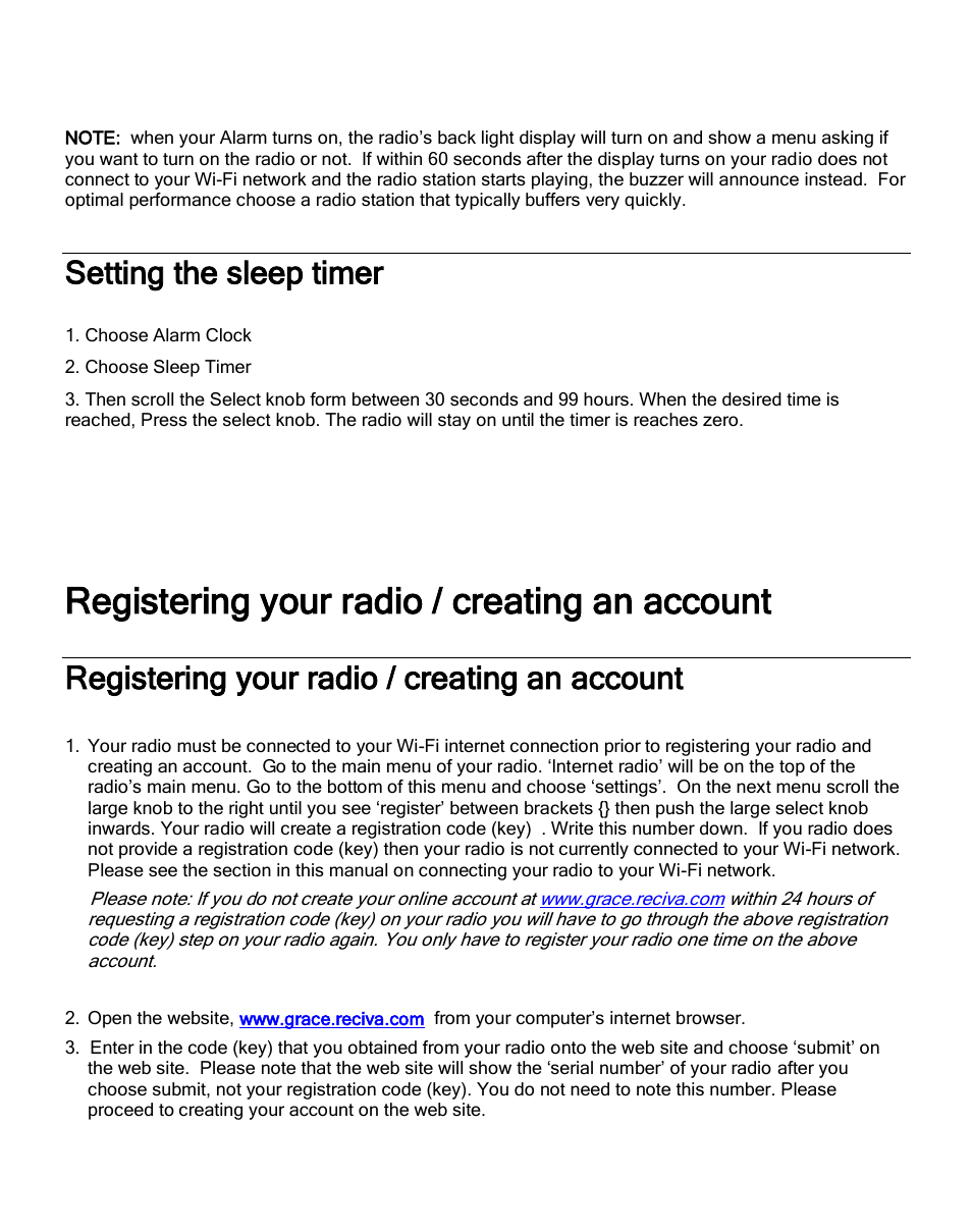Registering your radio / creating an account, Setting the sleep timer | Grace Digital GDI-IR2600 Innovator X User Manual | Page 26 / 52