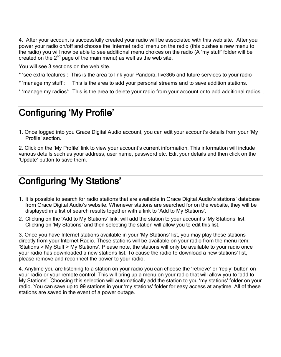 Configuring ‘my profile, Configuring ‘my stations | Grace Digital GDI-IR2600 Innovator X User Manual | Page 27 / 52