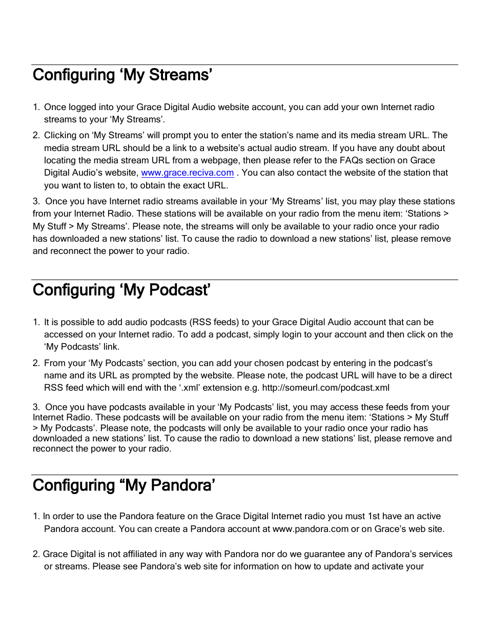 Configuring ‘my streams, Configuring ‘my podcast, Configuring “my pandora | Grace Digital GDI-IR2600 Innovator X User Manual | Page 28 / 52