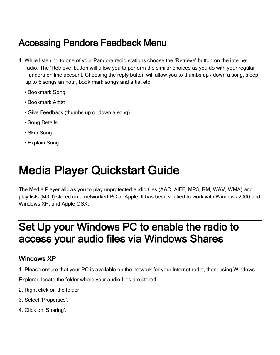 Media player quickstart guide, Accessing pandora feedback menu | Grace Digital GDI-IR2600 Innovator X User Manual | Page 30 / 52