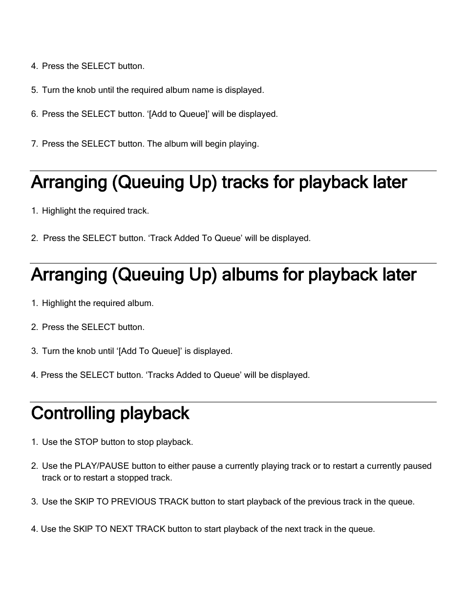 Arranging (queuing up) tracks for playback later, Arranging (queuing up) albums for playback later, Controlling playback | Grace Digital GDI-IR2600 Innovator X User Manual | Page 34 / 52