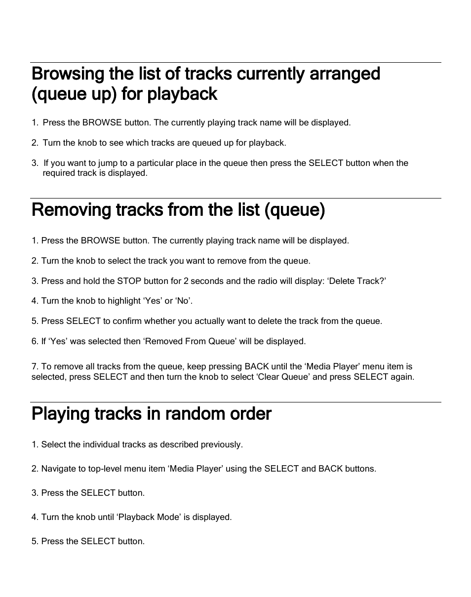 Removing tracks from the list (queue), Playing tracks in random order | Grace Digital GDI-IR2600 Innovator X User Manual | Page 35 / 52