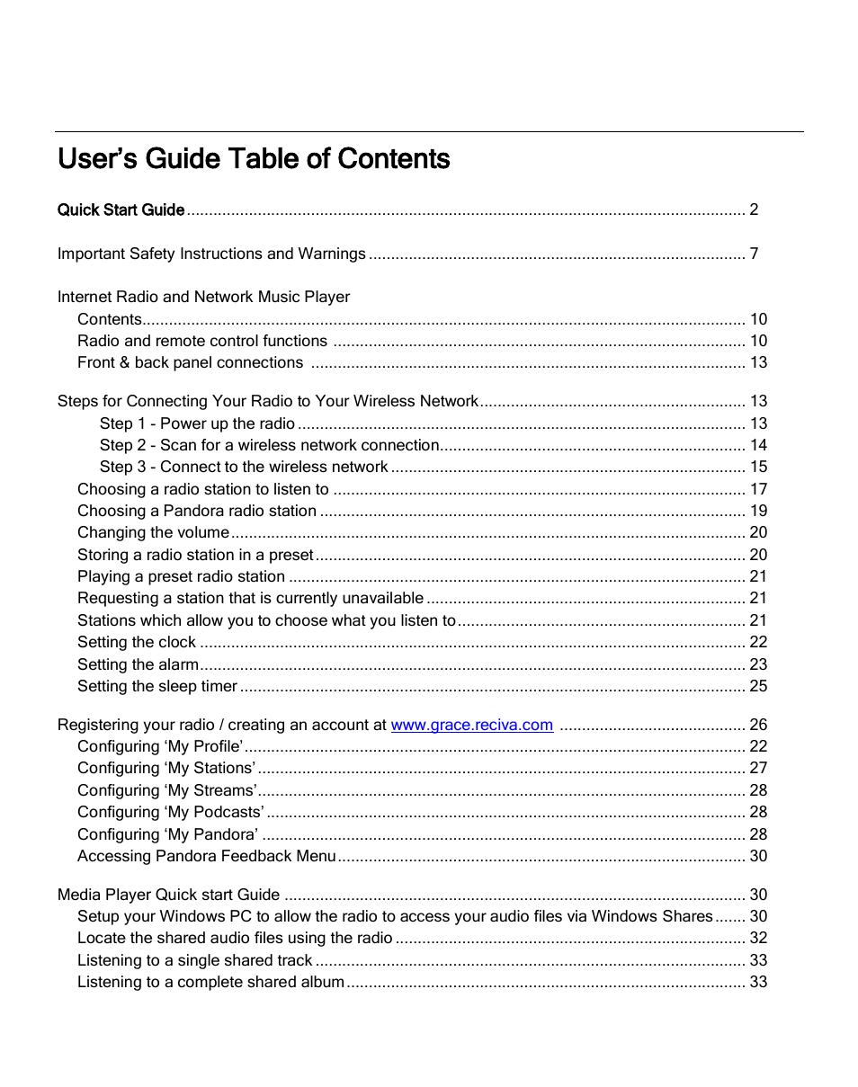 User’s guide table of contents | Grace Digital GDI-IR2600 Innovator X User Manual | Page 4 / 52