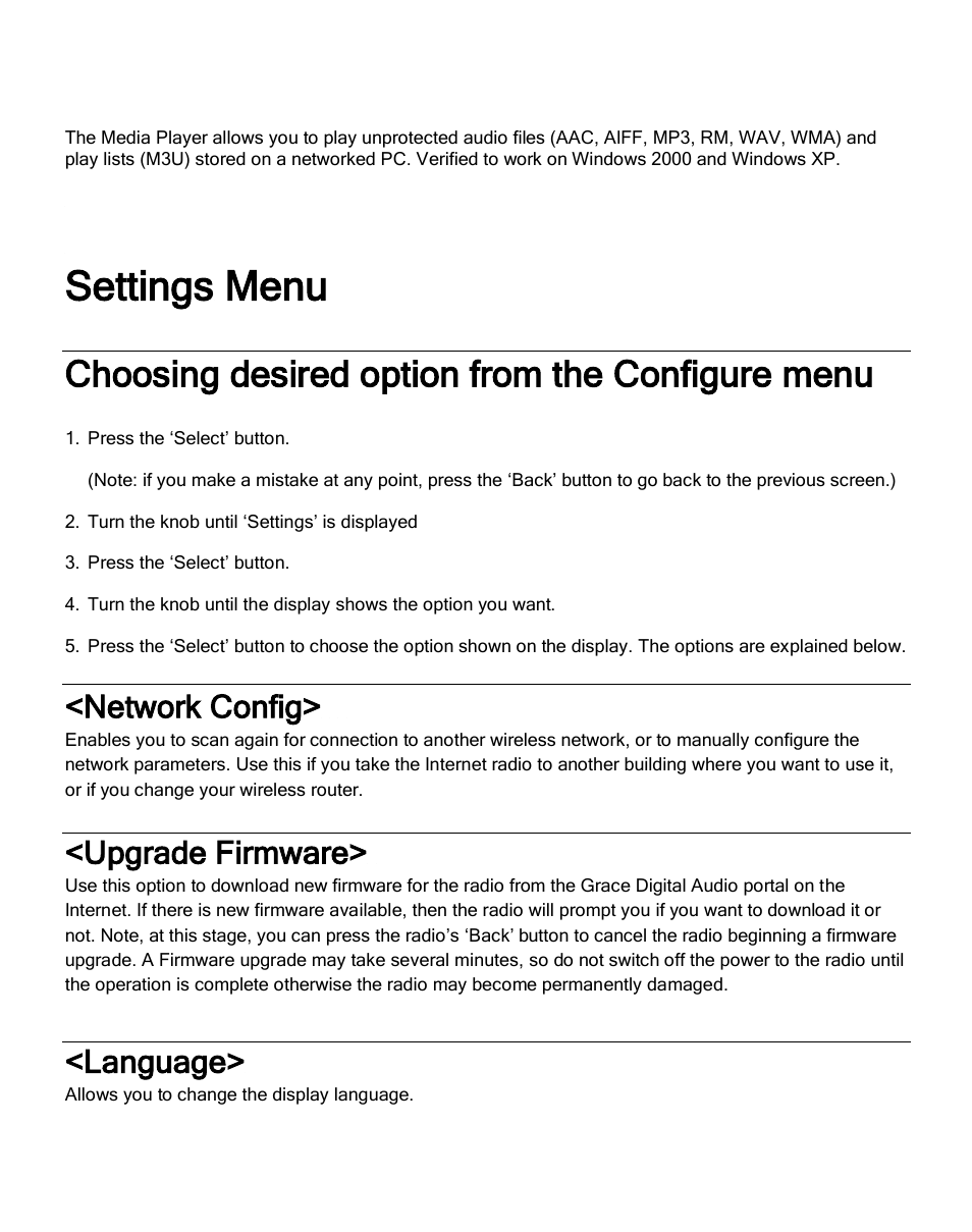 Settings menu, Choosing desired option from the configure menu, Network config | Upgrade firmware, Language | Grace Digital GDI-IR2600 Innovator X User Manual | Page 42 / 52