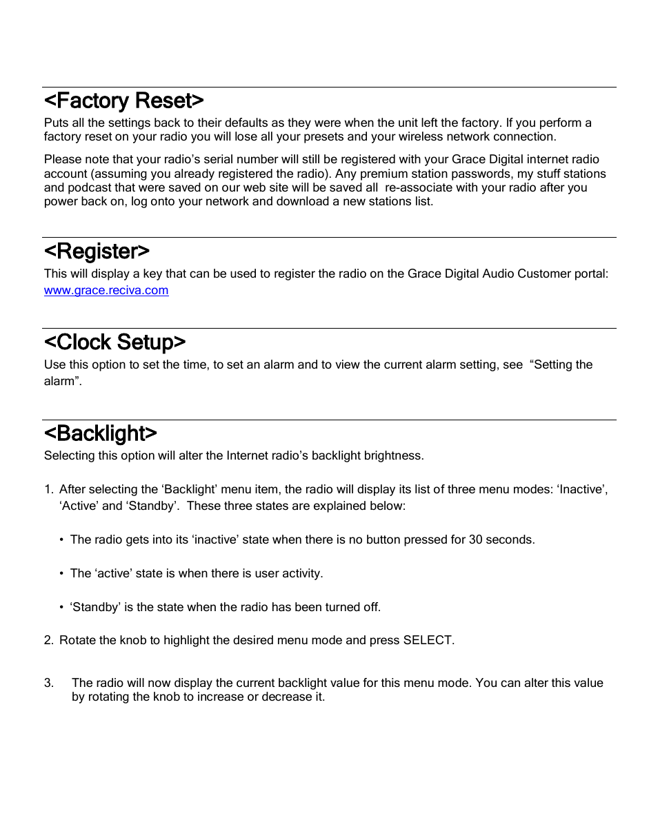 Factory reset, Register, Clock setup | Backlight | Grace Digital GDI-IR2600 Innovator X User Manual | Page 43 / 52