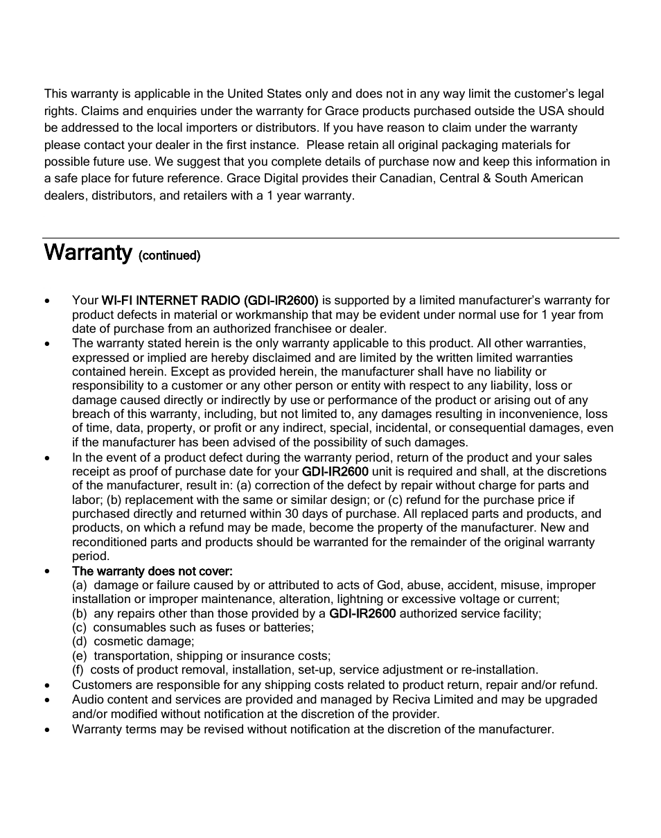 Warranty | Grace Digital GDI-IR2600 Innovator X User Manual | Page 47 / 52