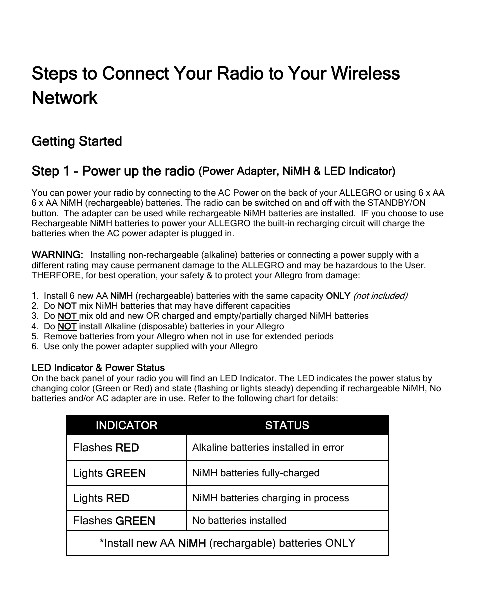 Getting started, Step 1 - power up the radio | Grace Digital GDI-IRD4000 Allegro User Manual | Page 12 / 48