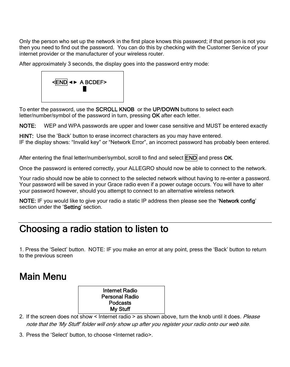 Choosing a radio station to listen to, Main menu | Grace Digital GDI-IRD4000 Allegro User Manual | Page 15 / 48