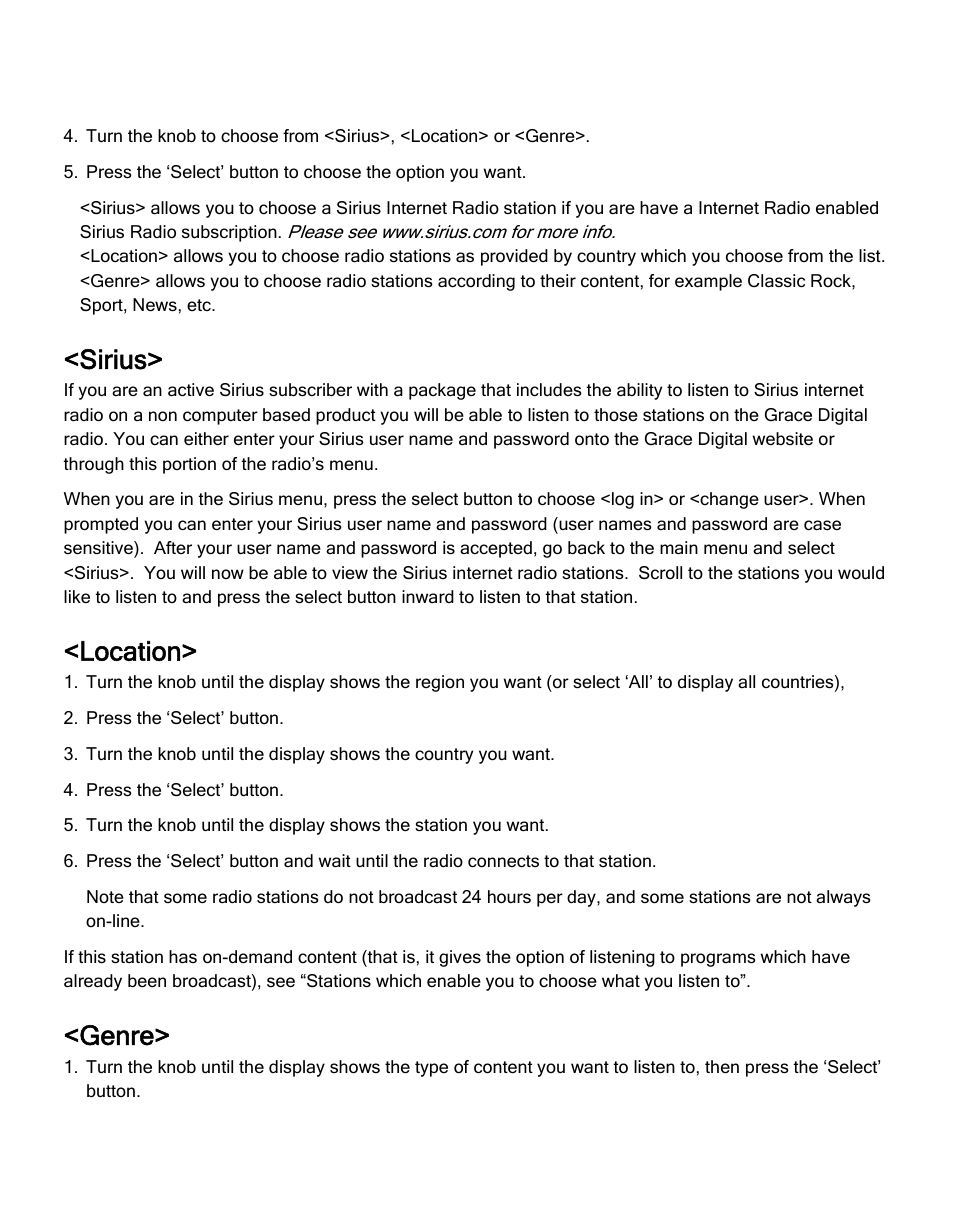 Sirius, Location, Genre | Grace Digital GDI-IRD4000 Allegro User Manual | Page 16 / 48