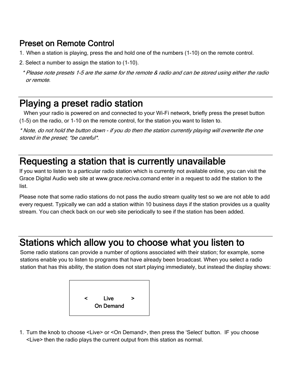 Playing a preset radio station, Requesting a station that is currently unavailable, Preset on remote control | Grace Digital GDI-IRD4000 Allegro User Manual | Page 18 / 48