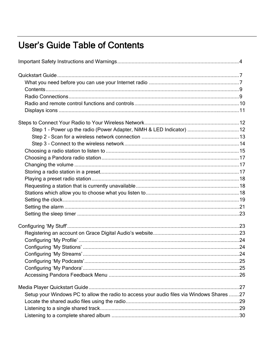User’s guide table of contents | Grace Digital GDI-IRD4000 Allegro User Manual | Page 2 / 48