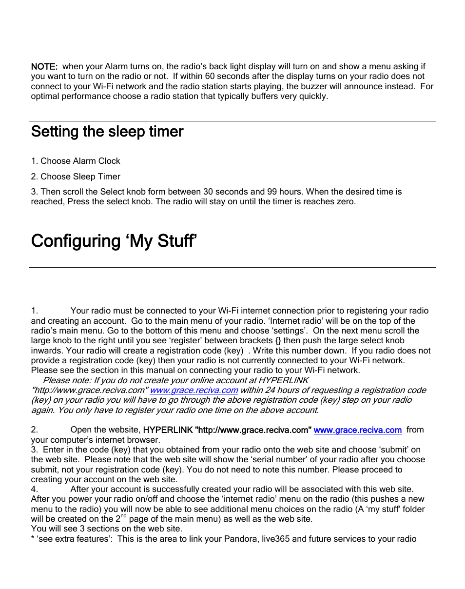 Setting the sleep timer, Registering your radio / creating an account, Configuring ‘my stuff | Grace Digital GDI-IRD4000 Allegro User Manual | Page 23 / 48
