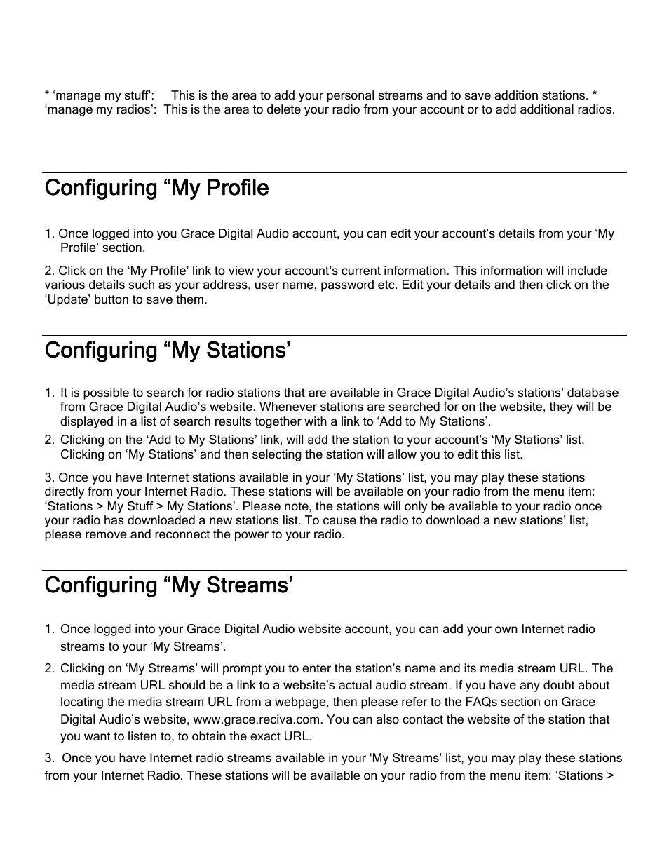 Configuring “my profile, Configuring “my stations, Configuring “my streams | Grace Digital GDI-IRD4000 Allegro User Manual | Page 24 / 48