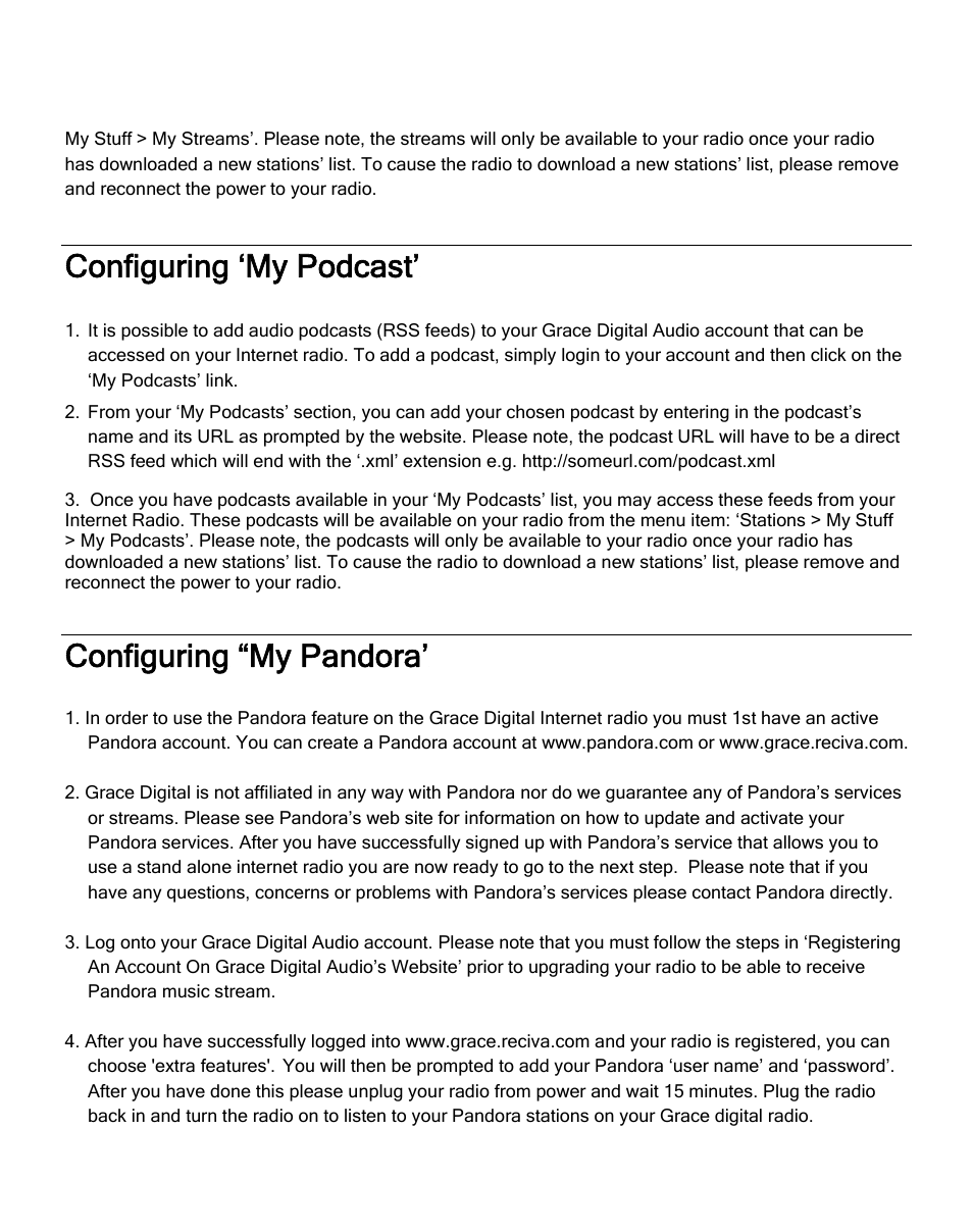 Configuring ‘my podcast, Configuring “my pandora | Grace Digital GDI-IRD4000 Allegro User Manual | Page 25 / 48