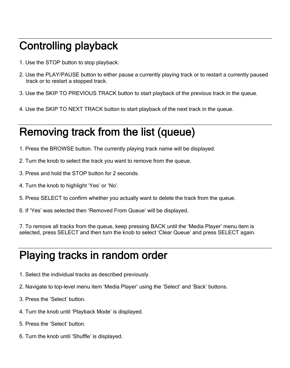 Controlling playback, Removing track from the list (queue), Playing tracks in random order | Grace Digital GDI-IRD4000 Allegro User Manual | Page 37 / 48