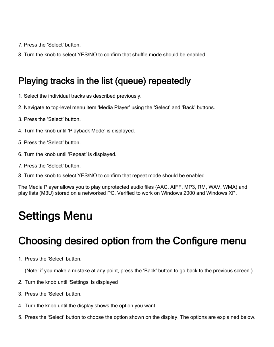 Playing tracks in the list (queue) repeatedly, Choosing desired option from the configure menu, Settings menu | Grace Digital GDI-IRD4000 Allegro User Manual | Page 38 / 48