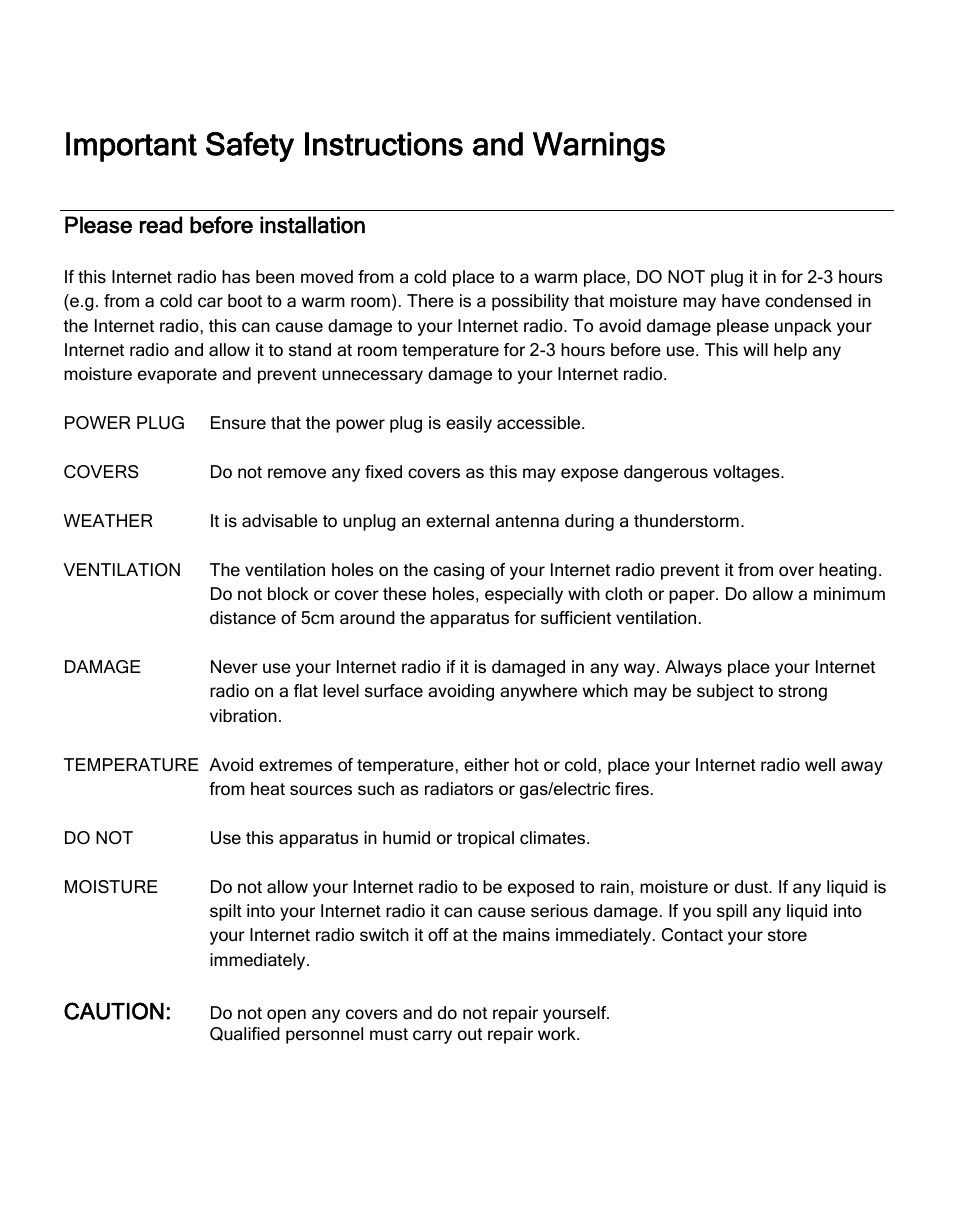 Please read before installation, Important safety instructions and warnings | Grace Digital GDI-IRD4000 Allegro User Manual | Page 4 / 48
