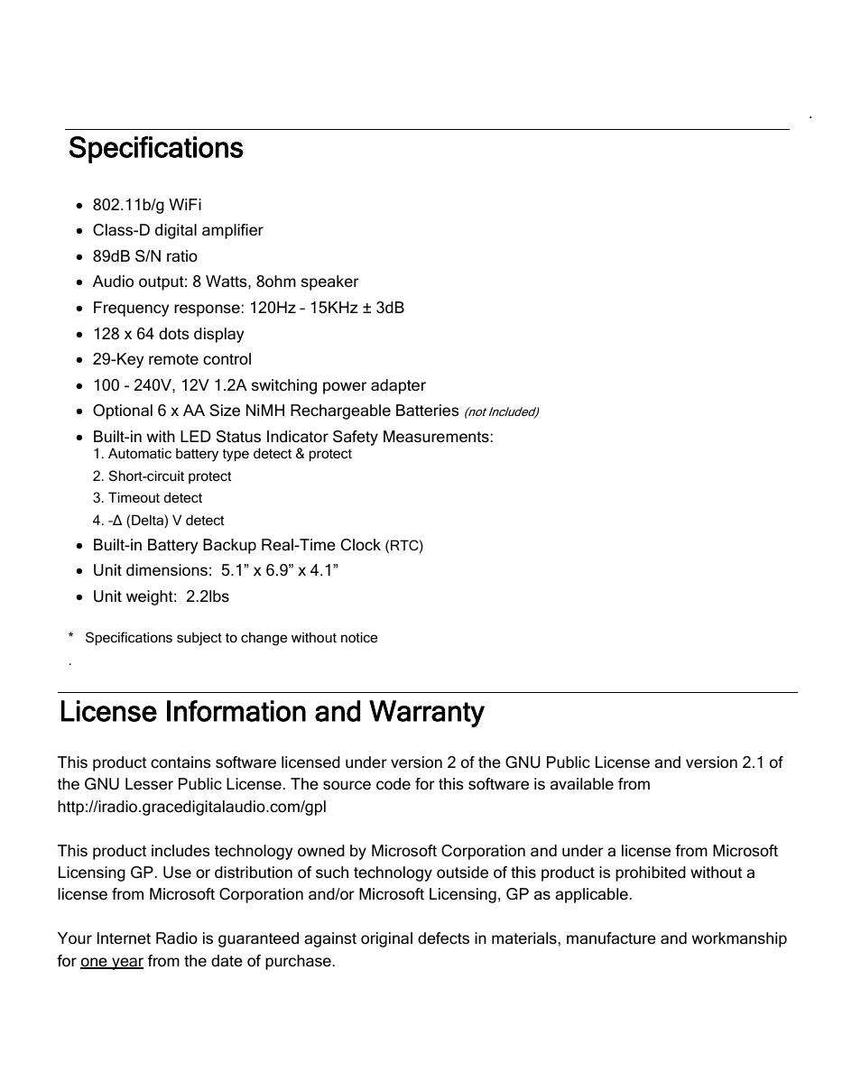 Specifications, License information and warranty | Grace Digital GDI-IRD4000 Allegro User Manual | Page 42 / 48