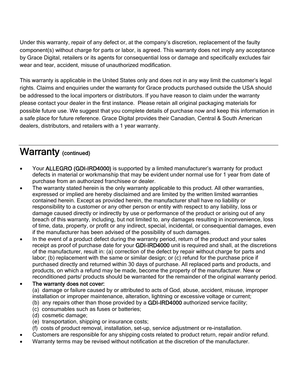 Warranty (continued), Warranty | Grace Digital GDI-IRD4000 Allegro User Manual | Page 43 / 48