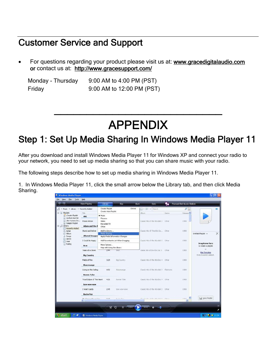 Customer service and support, Appendix | Grace Digital GDI-IRD4000 Allegro User Manual | Page 44 / 48
