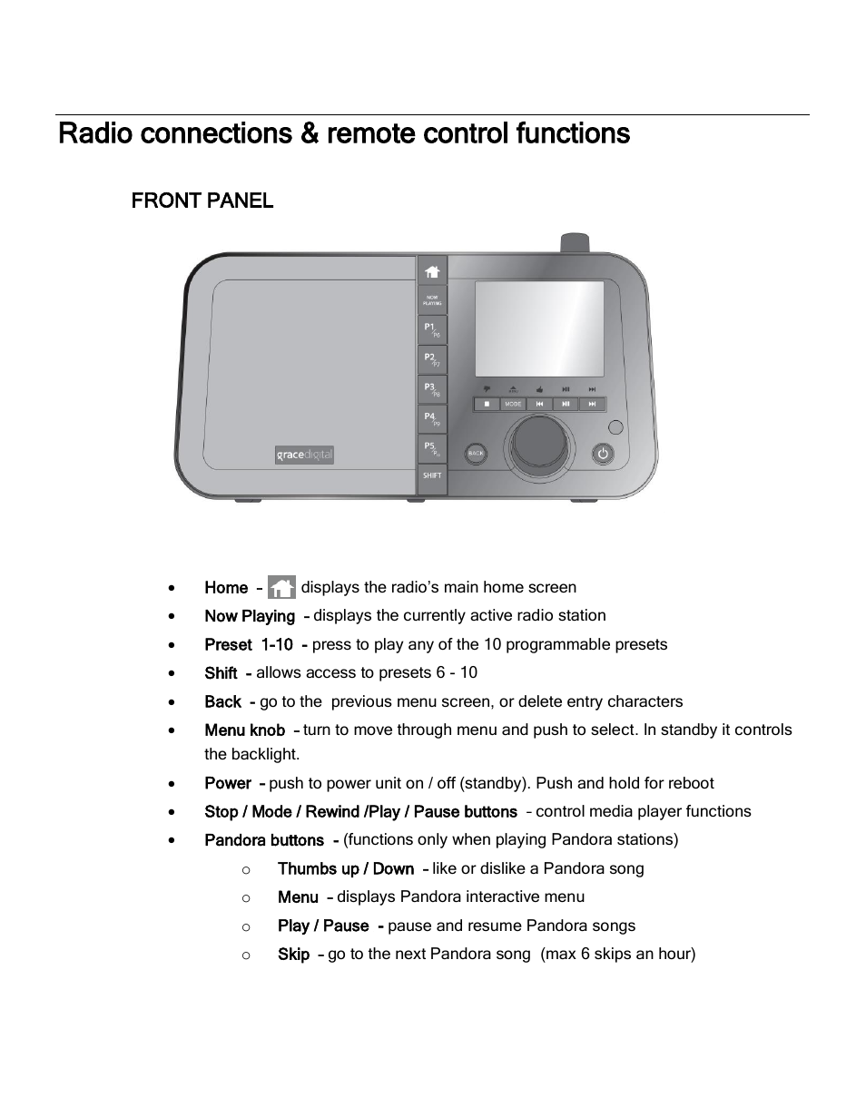 Radio connections & remote control functions, Front panel | Grace Digital GDI-IRC6000 Mondo User Manual | Page 12 / 53