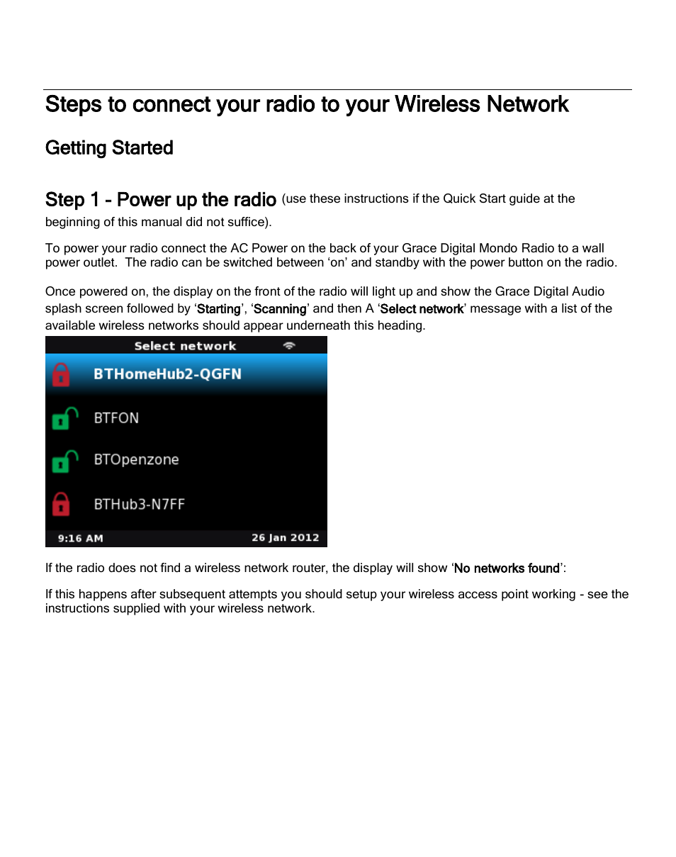 Getting started step 1 - power up the radio | Grace Digital GDI-IRC6000 Mondo User Manual | Page 16 / 53