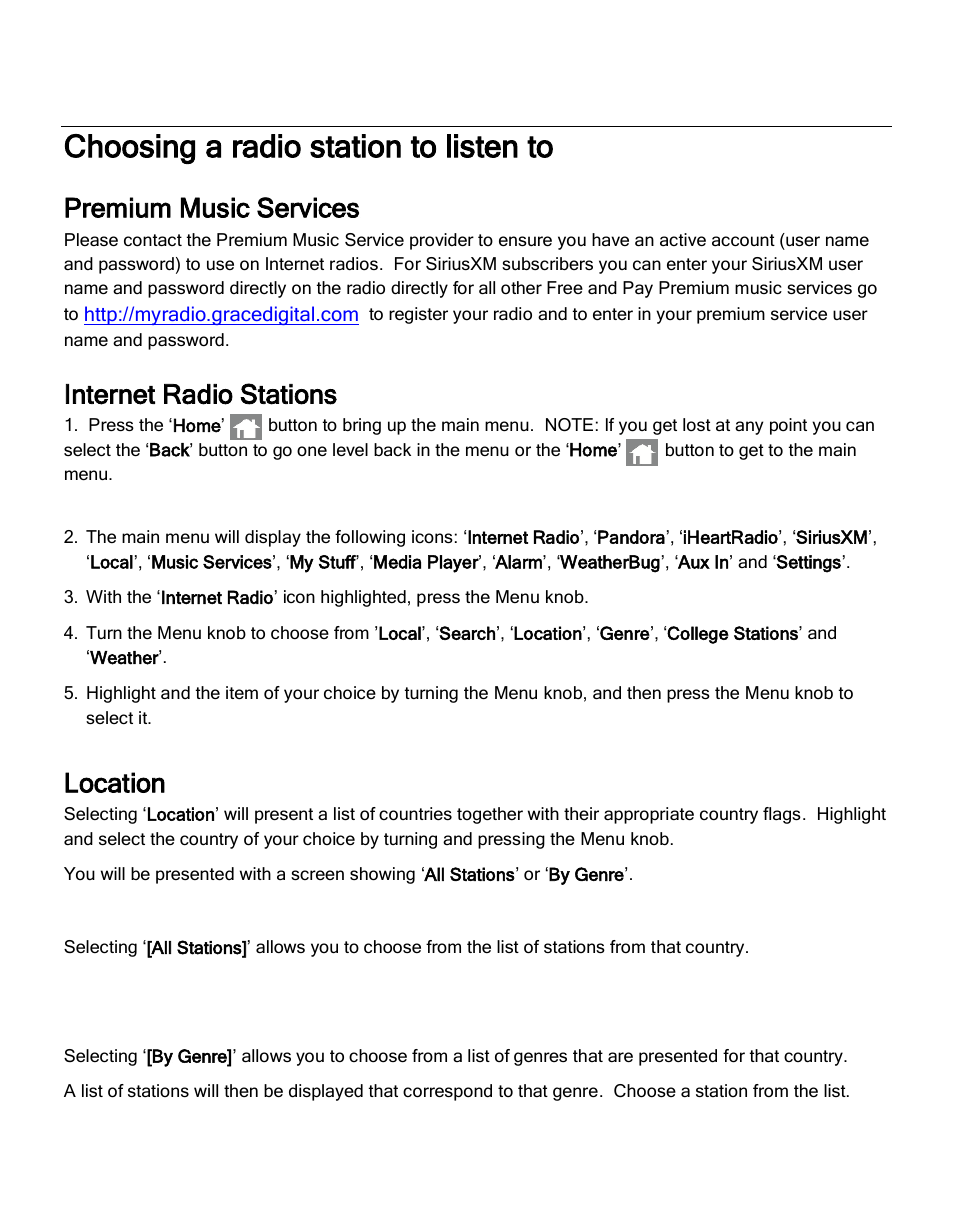 Choosing a radio station to listen to, Premium music services, Internet radio stations | Location, All stations, By genre | Grace Digital GDI-IRC6000 Mondo User Manual | Page 19 / 53