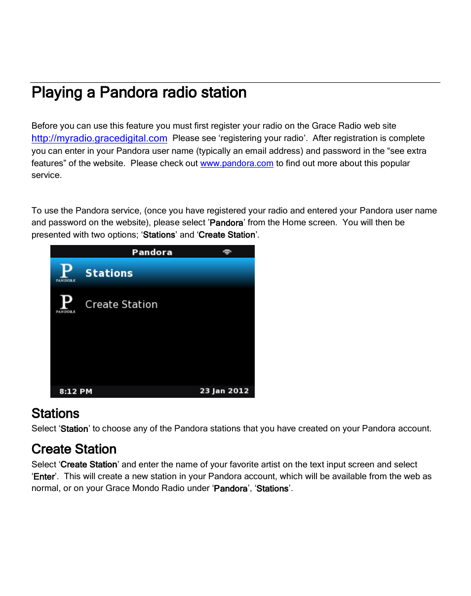 Playing a pandora radio station, Stations, Create station | Grace Digital GDI-IRC6000 Mondo User Manual | Page 21 / 53