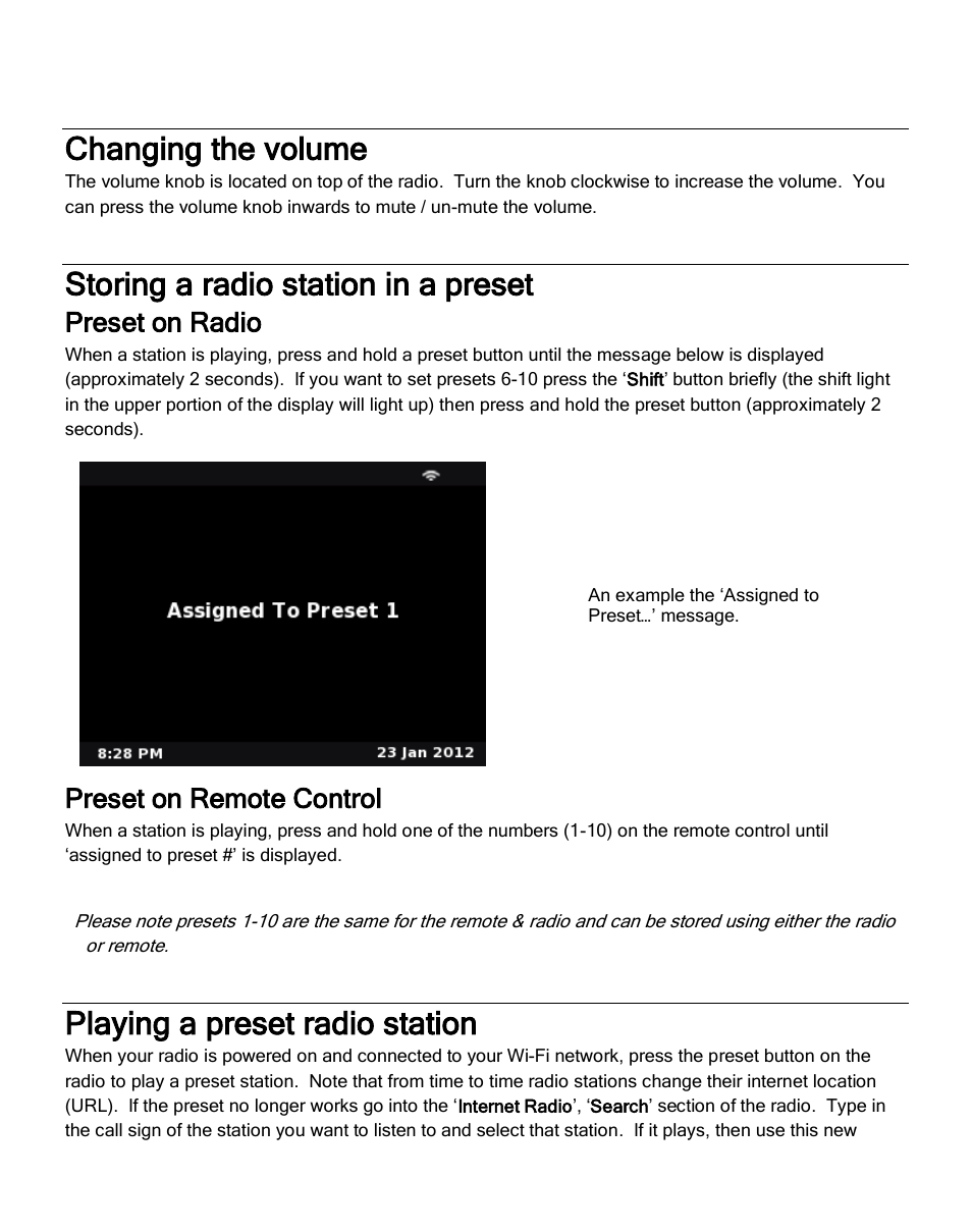 Changing the volume, Storing a radio station in a preset, Playing a preset radio station | Preset on radio, Preset on remote control | Grace Digital GDI-IRC6000 Mondo User Manual | Page 22 / 53